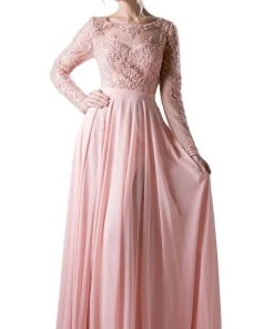Cinderella Divine - CR780 Long Sleeve Beaded Embroidered Chiffon Dress Formal Gowns