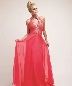 Cinderella Divine - Crystal Embellished Ruched High Neck Evening Dress Formal Gowns