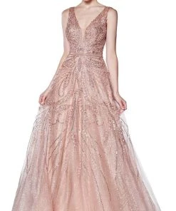 Cinderella Divine - CS029 Sequin Embellished Plunging V-Neck Gown Formal Gowns