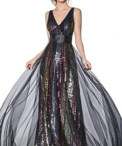 Formal Gowns Cinderella Divine - CS033 Multicolored Sequined V-neck A-line Dress