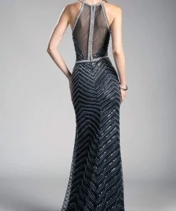 Formal Gowns Cinderella Divine - CZ0010 Beaded Chevron Motif Long Mermaid Gown