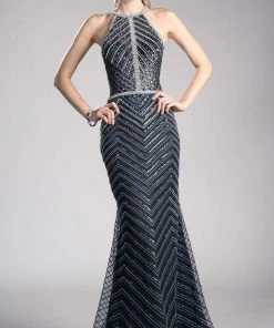 Formal Gowns Cinderella Divine - CZ0010 Beaded Chevron Motif Long Mermaid Gown