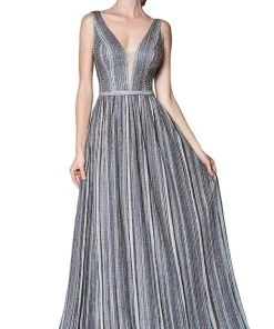 Cinderella Divine - CZ0015 Striped Metallic A-Line Gown