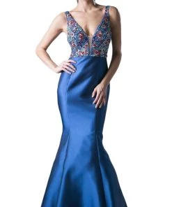 Formal Gowns Cinderella Divine - Deep V-neck Embellished Mermaid Evening Gown
