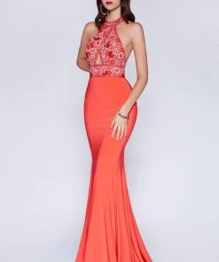 Cinderella Divine - Embellished High Halter Evening Dress
