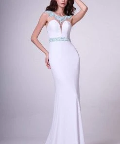 Cinderella Divine - 8746 Embellished Illusion Bateau Neck Sheath Dress
