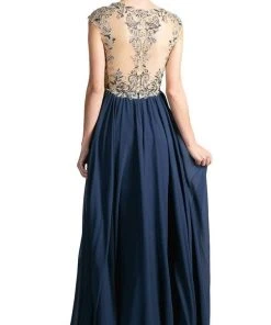 Cinderella Divine - Embellished Illusion Jewel Neck A-line Dress