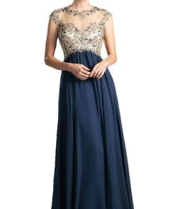 Cinderella Divine - Embellished Illusion Jewel Neck A-line Dress