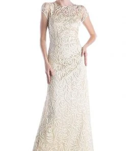 Cinderella Divine - Embellished Illusion Jewel Neck Sheath Dress 1920 - 1 Pc Champagne In Size M Available Formal Gowns