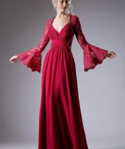 Cinderella Divine - Embellished Lace Long Bell Sleeve A-line Dress Formal Gowns