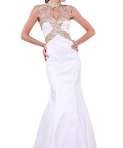 Cinderella Divine - Embellished Sheer High Neck Fitted Evening Gown