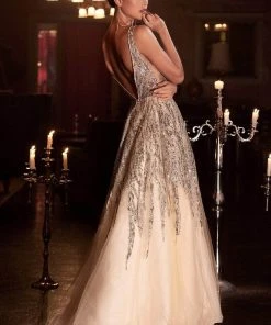 Cinderella Divine - Embellished Sleeveless Prom Dress C135 - 1 Pc Champagne In Size 12 Available