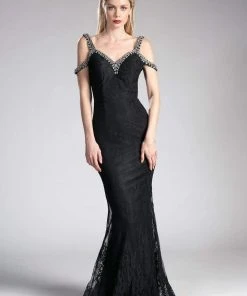 Cinderella Divine - Embellished Strappy V-neck Lace Fitted Dress