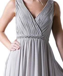 Cinderella Divine - Embellished Surplice Pleated V-neck A-line Dress Formal Gowns