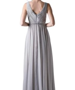 Cinderella Divine - Embellished Surplice Pleated V-neck A-line Dress Formal Gowns