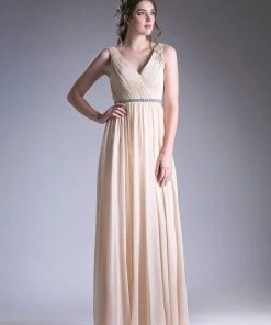 Cinderella Divine - Embellished Surplice Pleated V-neck A-line Dress Formal Gowns