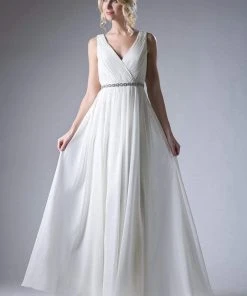 Cinderella Divine - Embellished Surplice Pleated V-neck A-line Dress Formal Gowns