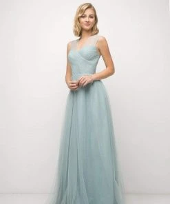 Cinderella Divine - ET320 Sleeveless Pleated Top Tulle A Line Gown Plus Size Dresses