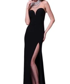 Formal Gowns Cinderella Divine - Faux Jewel High Neck Fitted Dress With Slit
