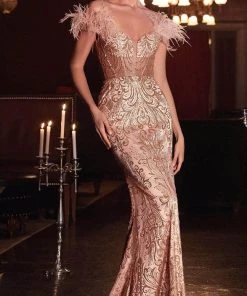 Formal Gowns Cinderella Divine - Feathered Trumpet Evening Gown J824
