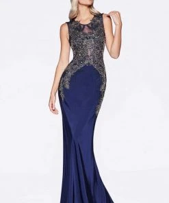 Cinderella Divine - Floral Applique Illusion Bateau Sheath Dress Formal Gowns