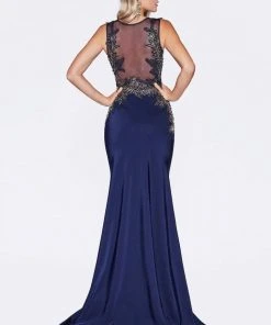 Cinderella Divine - Floral Applique Illusion Bateau Sheath Dress Formal Gowns