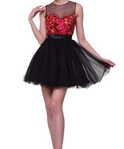 Cinderella Divine - Illusion Jewel Neck Floral Ornate Cocktail Dress