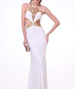 Formal Gowns Cinderella Divine - J735 Sheer Beaded Halter Midriff Cutout Dress