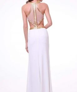 Formal Gowns Cinderella Divine - J735 Sheer Beaded Halter Midriff Cutout Dress