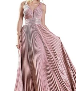 Cinderella Divine - J9459 Pleated Metallic Glitter A-Line Gown