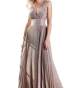 Cinderella Divine - J9459 Pleated Metallic Glitter A-Line Gown