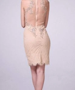 Cinderella Divine - JC3455 Sequined Lace Illusion Halter Sheath Dress