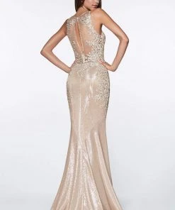 Formal Gowns Cinderella Divine - Jeweled Floral Plunging Metallic Mermaid Gown CJ504 - 1 Pc Champagne In Sizes 6 Available