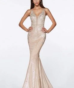 Formal Gowns Cinderella Divine - Jeweled Floral Plunging Metallic Mermaid Gown CJ504 - 1 Pc Champagne In Sizes 6 Available