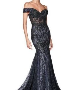 Formal Gowns Cinderella Divine - KC874 Beaded Lace Off-Shoulder Trumpet Silhouette Evening Gown - 1 Pc Black-Lilac In Size 8 Available