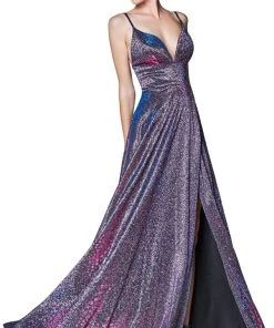 Cinderella Divine - KC878 Deep V-neck A-line Dress With Slit Formal Gowns