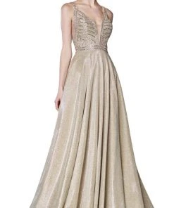 Cinderella Divine - KC879 Ornate Metallic Banded Glitter A-Line Gown