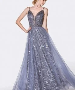 Cinderella Divine - KC888 Sleeveless Sheer Plunging Neck Glitter Gown