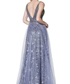 Cinderella Divine - KC888 Sleeveless Sheer Plunging Neck Glitter Gown