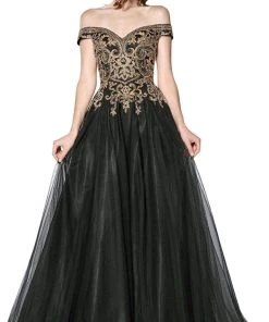 Cinderella Divine - KV1032 Beaded Off-Shoulder A-Line Gown