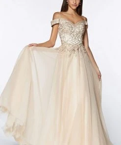 Cinderella Divine - KV1032 Beaded Off-Shoulder A-Line Gown