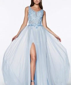 Formal Gowns Cinderella Divine - KV1040 Embroidered Lace High Slit A-Line Gown