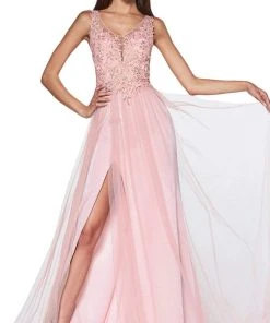 Formal Gowns Cinderella Divine - KV1040 Embroidered Lace High Slit A-Line Gown 10 Formal Gowns Cinderella Divine - KV1040 Embroidered Lace High Slit A-Line Gown