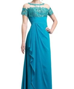 Formal Gowns Cinderella Divine - Lace Illusion Bateau Pleated Sheath Dress