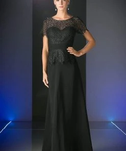 Formal Gowns Cinderella Divine - Lace Short Sleeve Illusion Bateau Sheath Dress