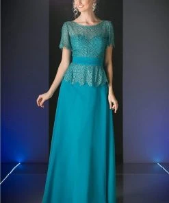 Formal Gowns Cinderella Divine - Lace Short Sleeve Illusion Bateau Sheath Dress