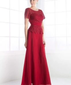 Formal Gowns Cinderella Divine - Lace Short Sleeve Illusion Bateau Sheath Dress