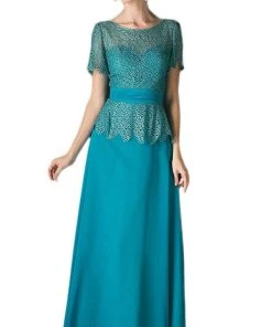 Formal Gowns Cinderella Divine - Lace Short Sleeve Illusion Bateau Sheath Dress