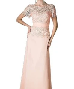 Formal Gowns Cinderella Divine - Lace Short Sleeve Illusion Bateau Sheath Dress