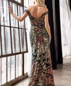 Formal Gowns Cinderella Divine - Long Sequined Off Shoulder Trumpet Dress CF348 - 1 Pc Gold-Black In Size S Available